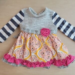 Rare, Too Striped and Patterned Baby Dress with Pink Accents 12M